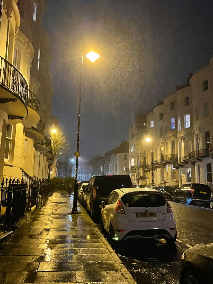 cars parked on the side of a wet street at night