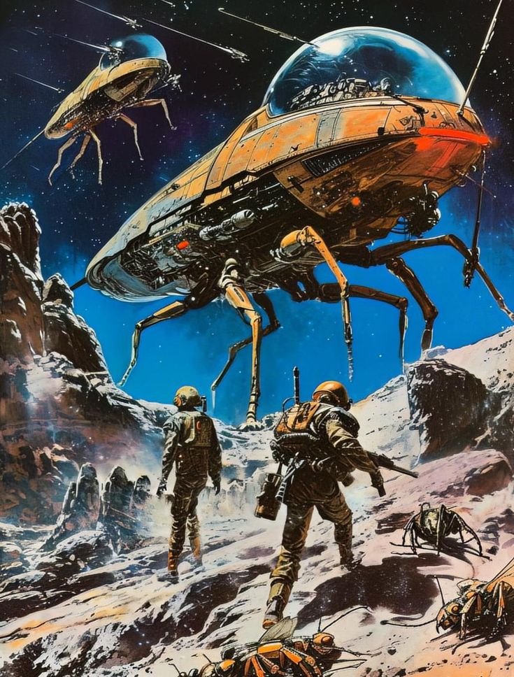 an image of some sci - fi characters on the moon with their spaceships in the background