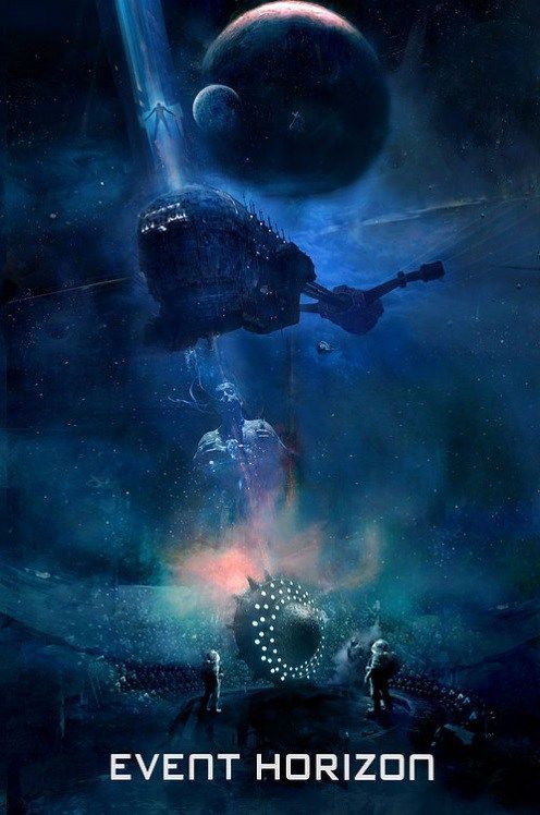 the movie poster for event horizon, with two people standing in front of an alien ship