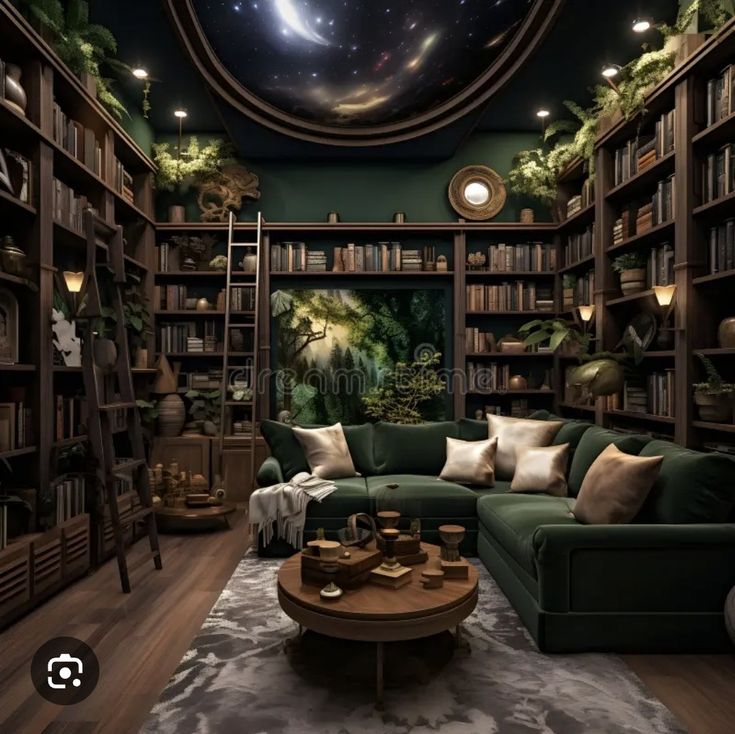 a living room filled with lots of green furniture and bookshelves covered in plants