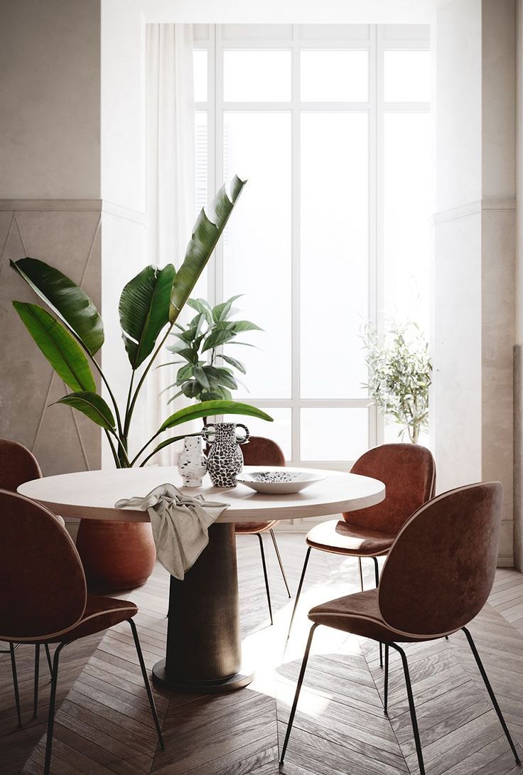 a dining room table with four chairs and a potted plant in the corner next to it