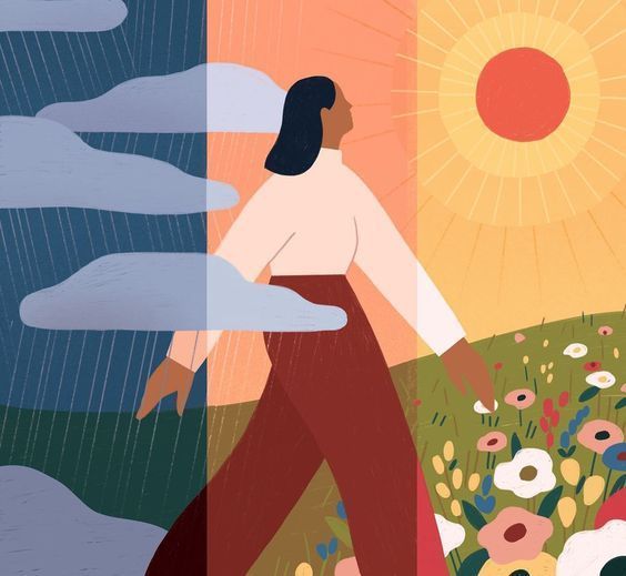 an illustration of a woman walking in front of the sun and flowers with her arms outstretched