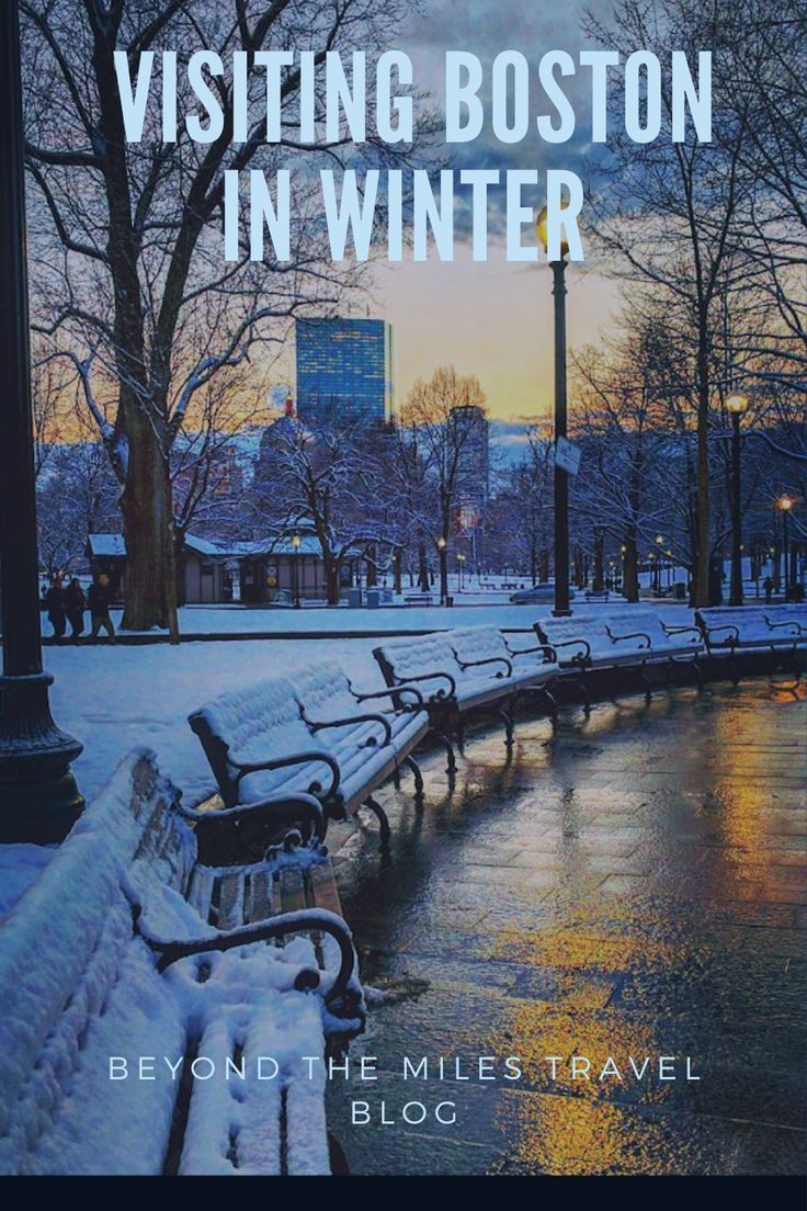 the cover of visiting boston in winter by beyond the misttravel blog, featuring benches lined up along a city street