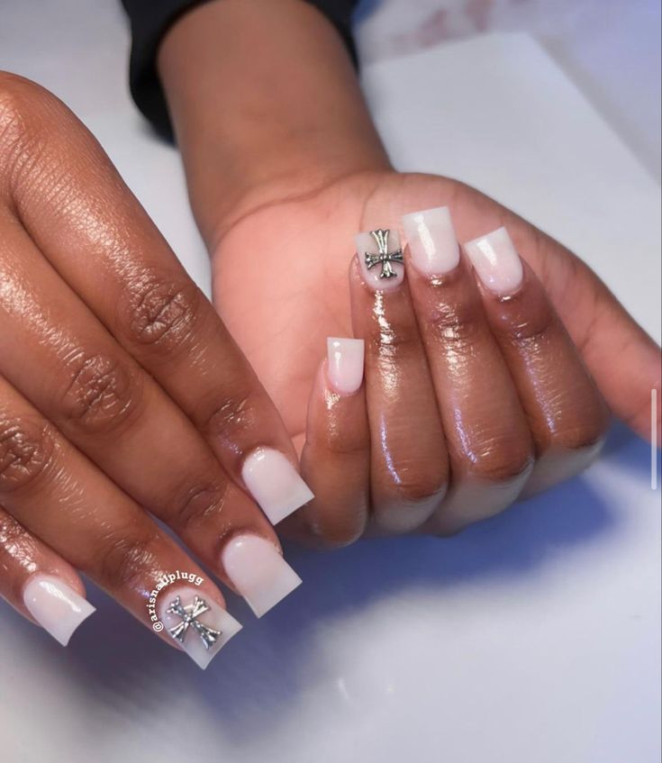 Square Acrylic Nails Cross, French Tip Nails With Cross Charm, Short Nails With Cross Charm, Nail Inspo Cross Charm, Short Square Acrylic Nails Charms, White Short Nails, Fly Nails, Neon Acrylic Nails, White Tip Nails