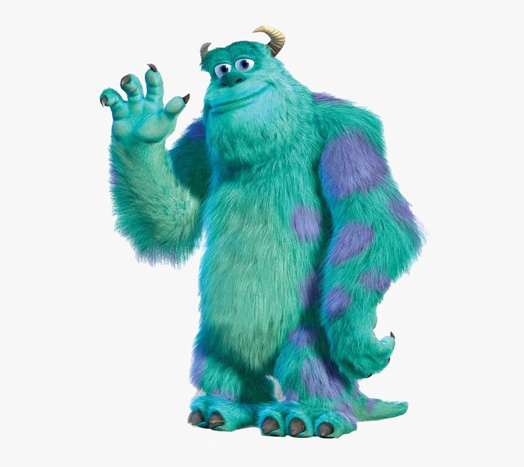 a blue and green monster is waving at the camera with his hands in the air