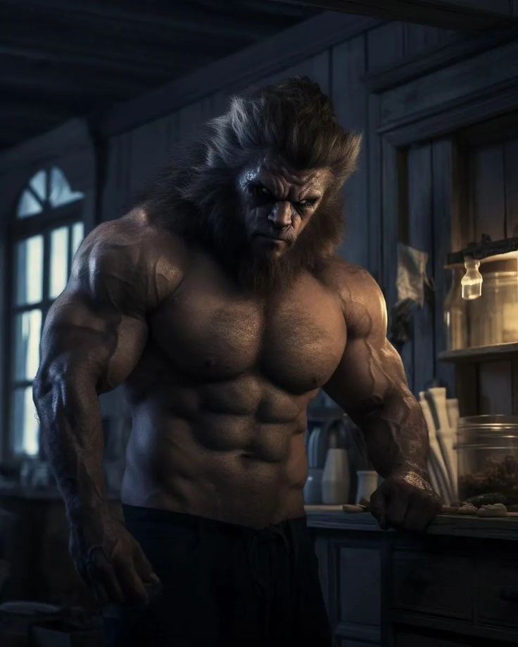 an image of a man in the kitchen with a big hairy face and huge muscles