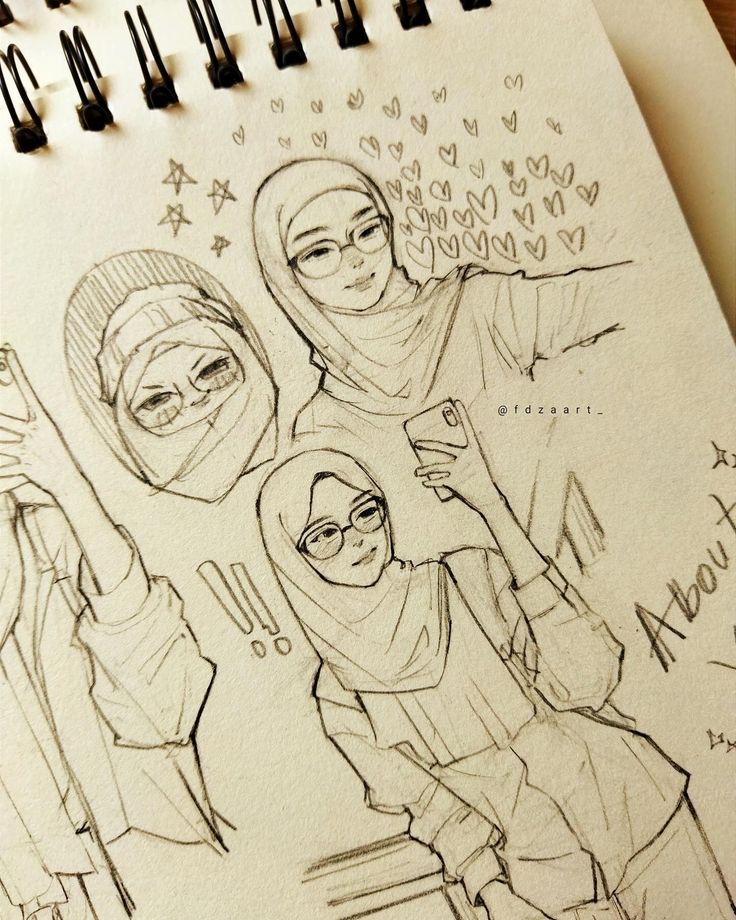 a drawing of two women in hijabs and one is holding a cell phone