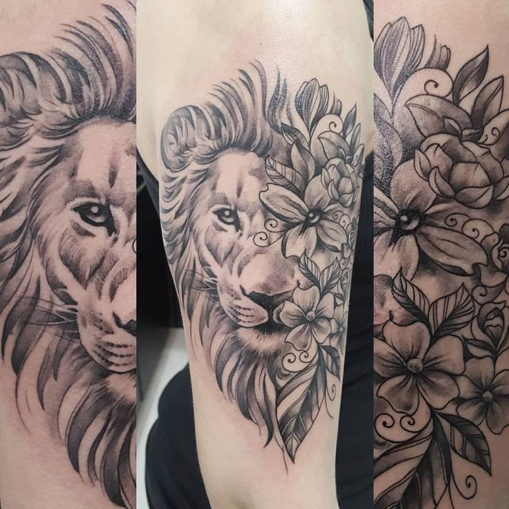 three different tattoos on the arms of people with lions and flowers in their hair, one is