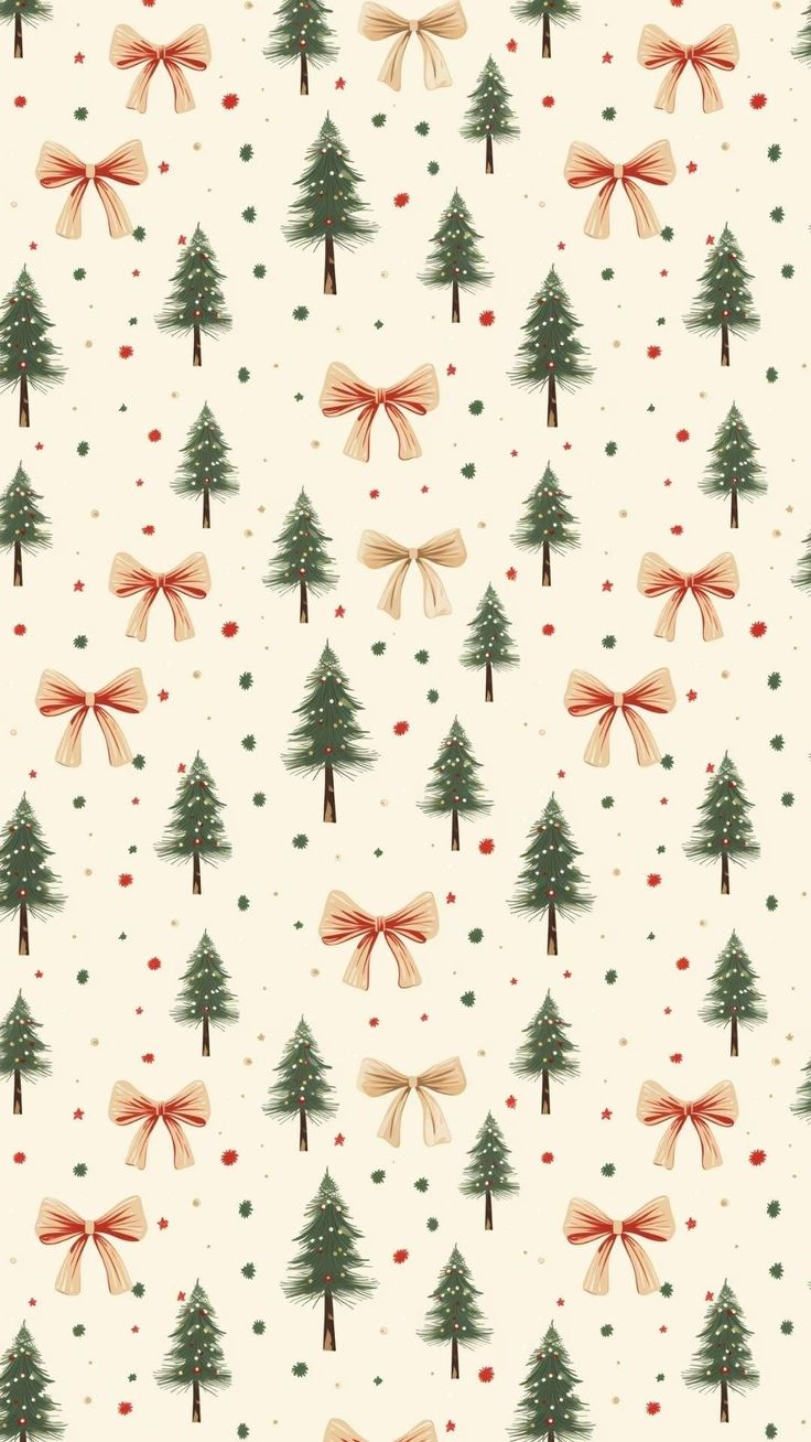 christmas trees with bows and dots on a white background seamless wallpaper, suitable for wrapping paper or fabric