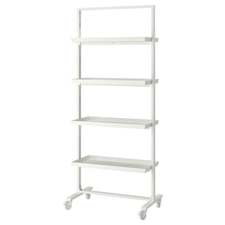 a white shelving unit with four shelves on each side and two wheels for storage