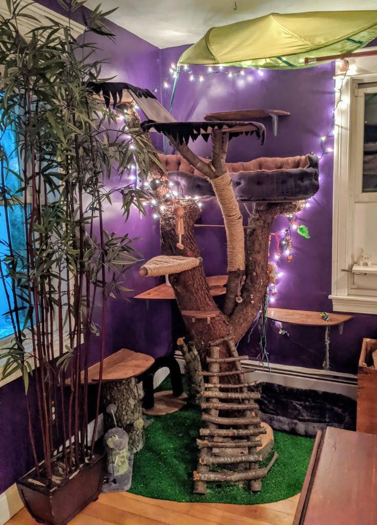 an indoor tree house with lights on it