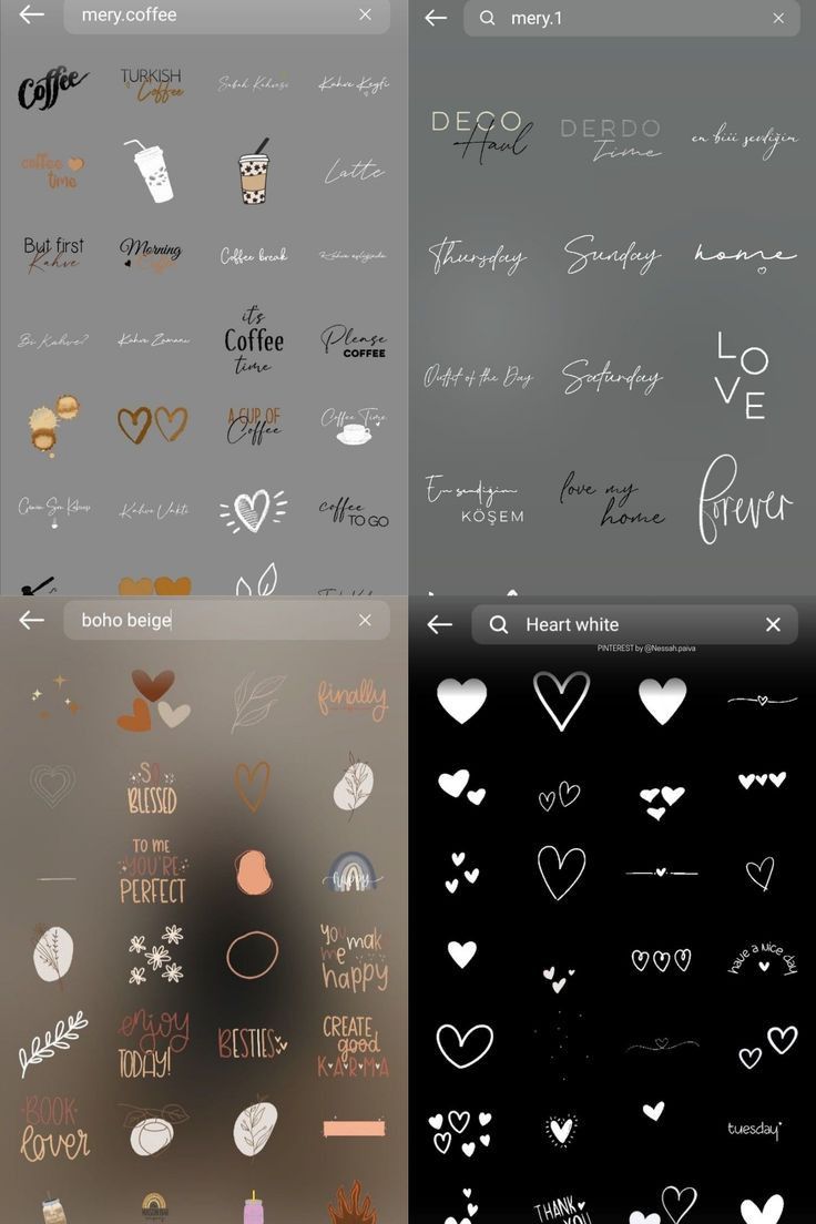 four different types of wallpapers with hearts and words on the side, one is black