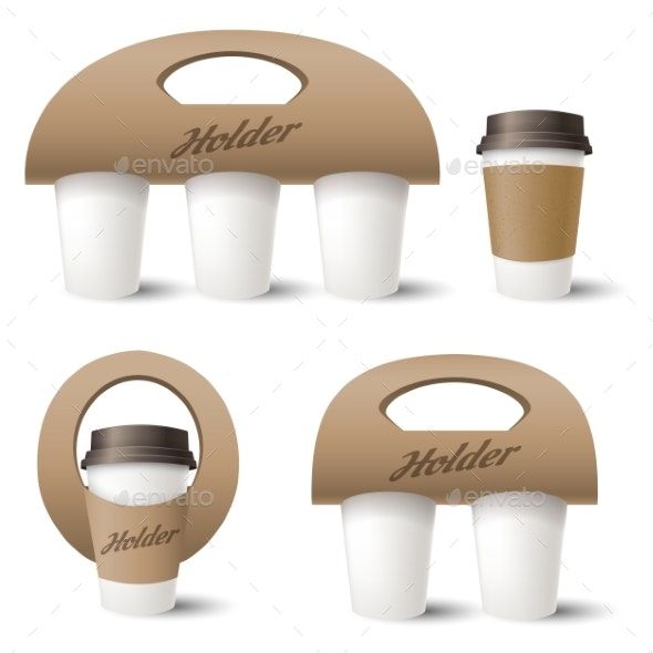 three coffee cups with lids and handles on white background - food objects objects clippings