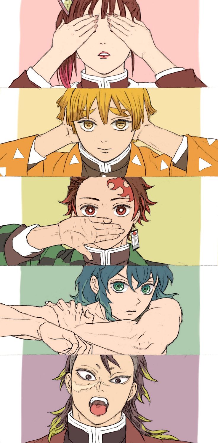 four anime avatars with different expressions on their faces and hands over their eyes, one is