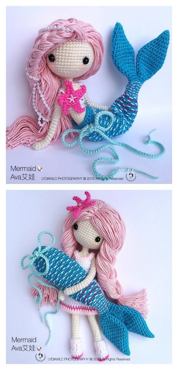 crocheted mermaid doll with pink hair and tail holding a blue fish in her hands