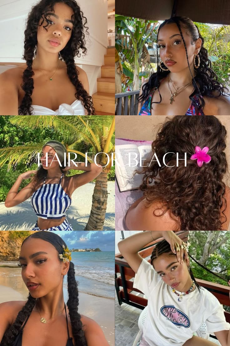 Curly Hairstyles For Summer Camp, Cute Curly Hairstyles Summer, Curly Girl Summer Hairstyles, Vacation Curly Hair, Curly Hairstyles For Pool Party, Beach Day Hairstyles For Curly Hair, Pool Hair Ideas Hairstyles Curly, Beach Hairstyles Natural Hair, Mexico Vacation Hairstyles