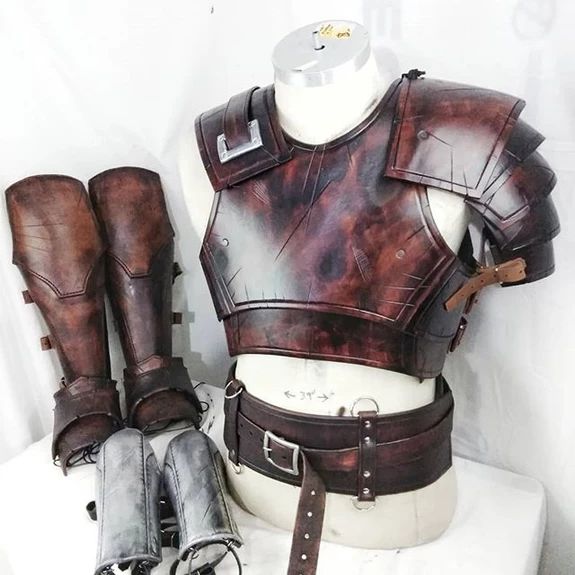 a white mannequin wearing leather armor and boots