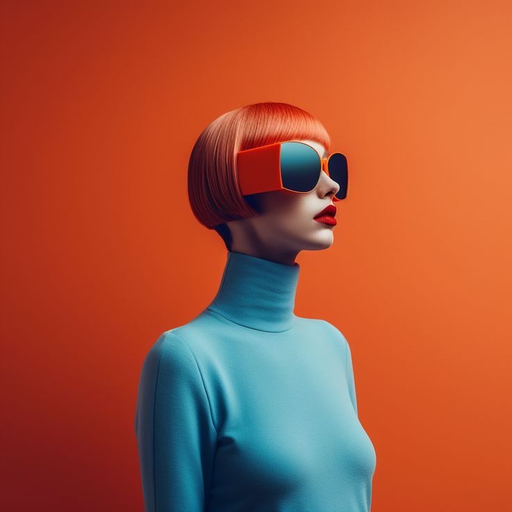 a woman with red hair and sunglasses on top of her head, in front of an orange background