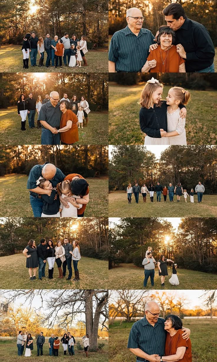 a collage of people standing around each other in the grass with trees behind them