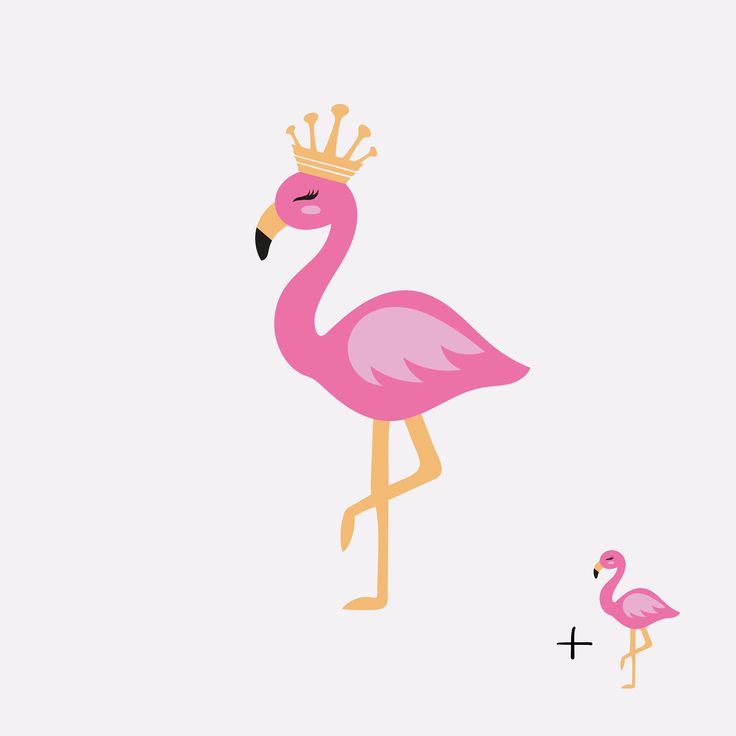 a pink flamingo with a crown on its head standing next to a small pink bird