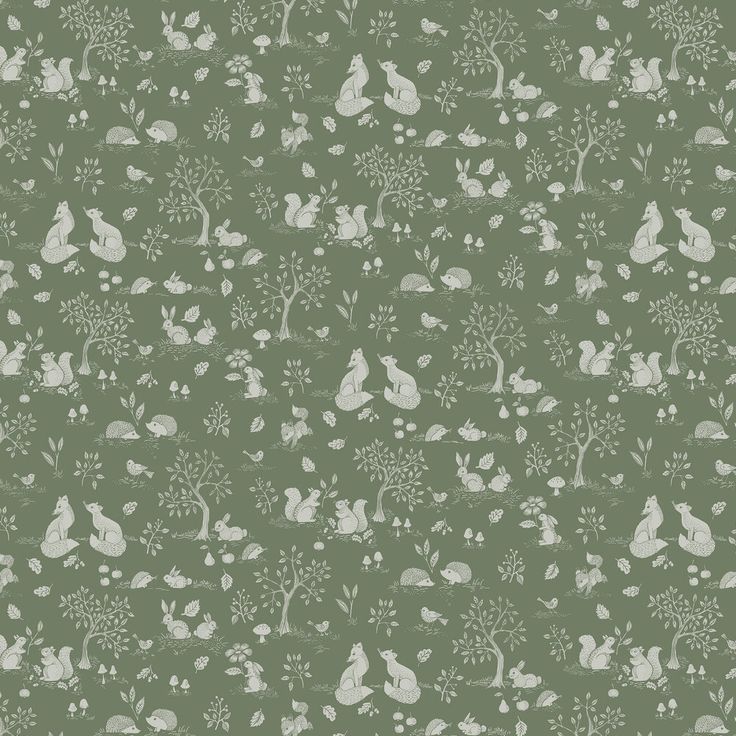 a green and white wallpaper with rabbits, flowers, trees and leaves on it