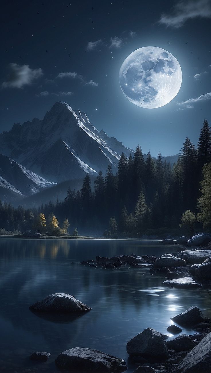 a full moon is shining over the mountains and trees on the water's edge