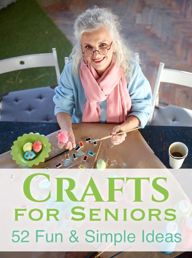 an older woman sitting at a table with craft supplies on it and the words crafts for seniors 52 fun & simple ideas