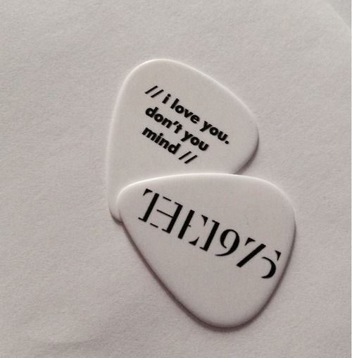 two white guitar picks with the words love you and i don't mind written on them