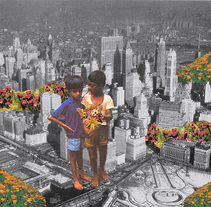 two children standing on top of a tall building with flowers in the foreground and cityscape in the background