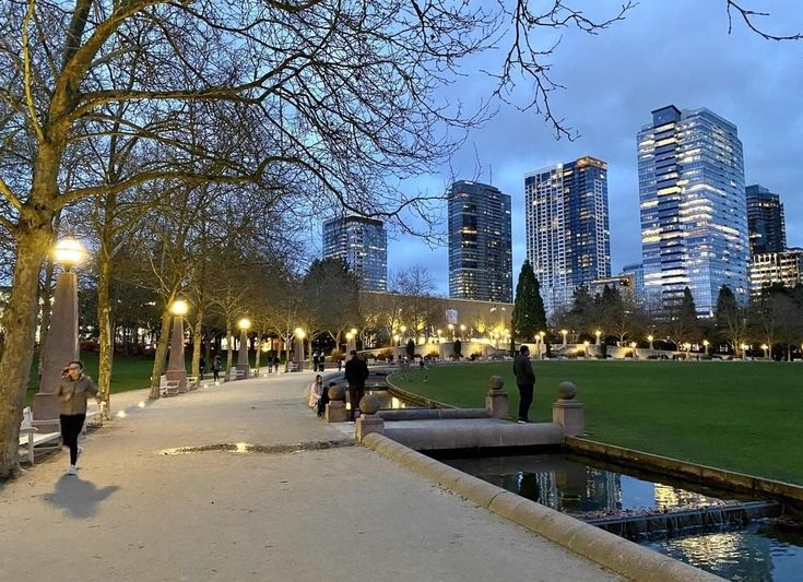 people are walking around in the park at night with tall buildings in the back ground