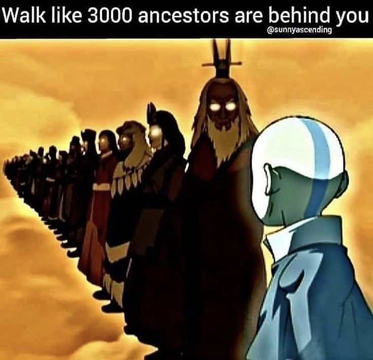 a line of cartoon characters standing in front of an orange sky with text that reads, walk like 300 ancestors are behind you