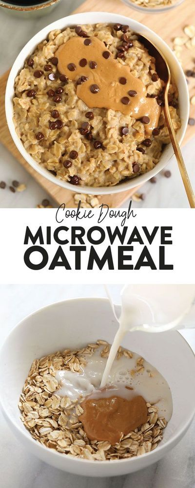 two pictures of oatmeal being poured into a bowl