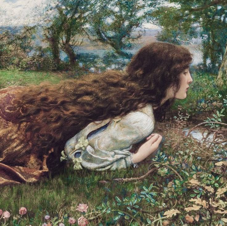 a painting of a woman with long hair laying on the ground next to flowers and trees