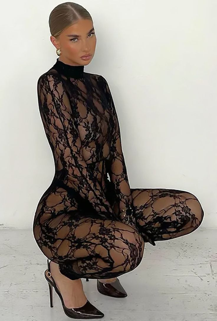 TIFFANY-LACE STOCKING BODYSUIT Jumpsuit Long Sleeve, Womens Black Jumpsuit, Lace Stockings, Jumpsuit Long, Y2k Women, Body Suit Outfits, Costume Intero, Body Dress, Long Jumpsuits