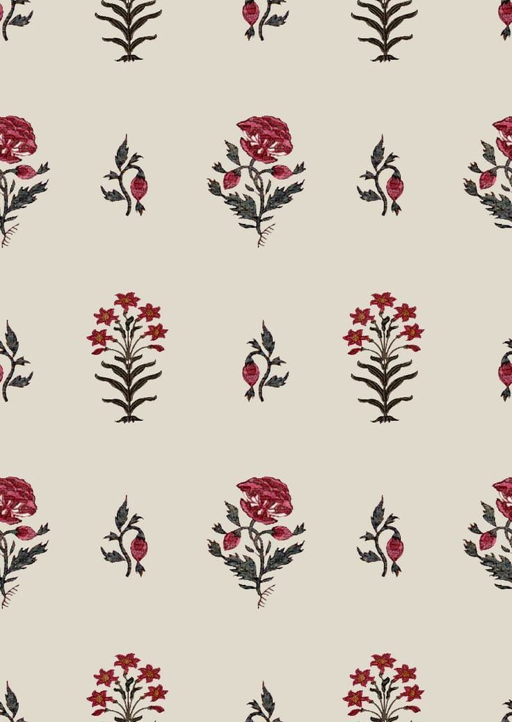 a floral pattern with red flowers and leaves on a light gray background that is very similar to the same wallpaper