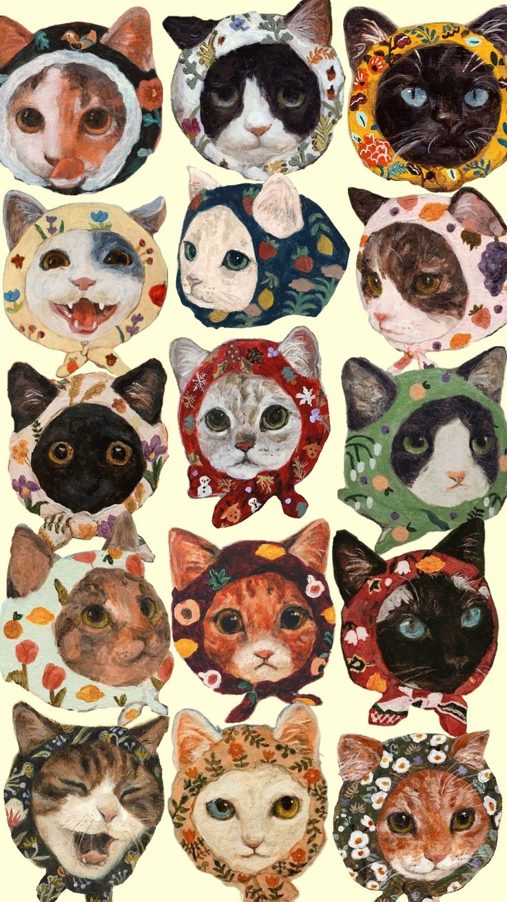 many different colored cats are shown in this image, with one cat's face painted on