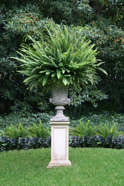 a large potted plant sitting on top of a stone pedestal in the middle of a garden