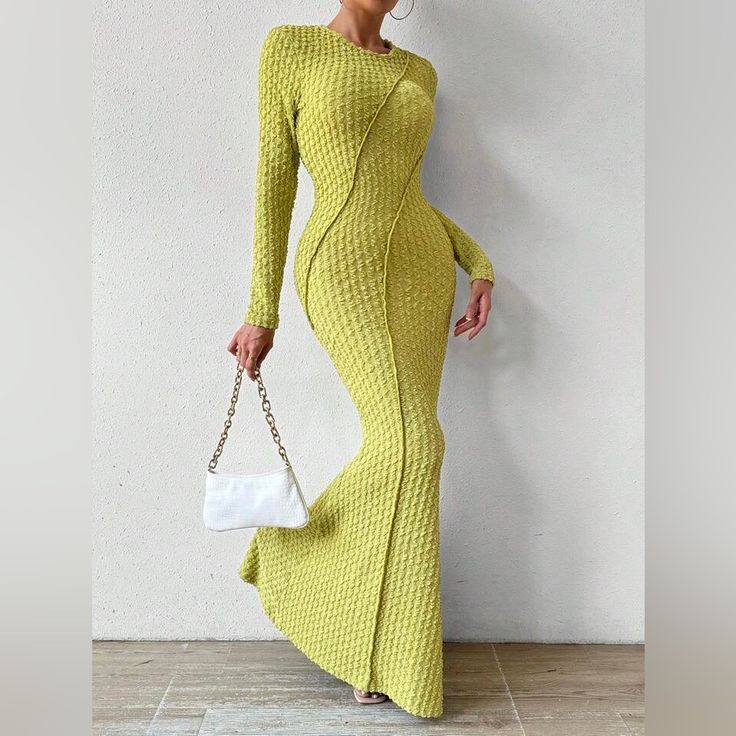 - Mermaid - Maxi - Casual - Long Sleeve Item Takes 4-7 Business Days To Ship Questions? Leave A Comment Below! Maxi Mermaid Dress, Green Mermaid Dress For Spring, Green Fitted Fishtail Maxi Dress, Green Long Sleeve Mermaid Dress, Long Sleeve Knitted Maxi Dress, Fitted Green Fishtail Maxi Dress, Elegant Long Bodycon Sweater Dress, Ribbed Fitted Maxi Sweater Dress, Elegant Knit Maxi Dress With V-neck