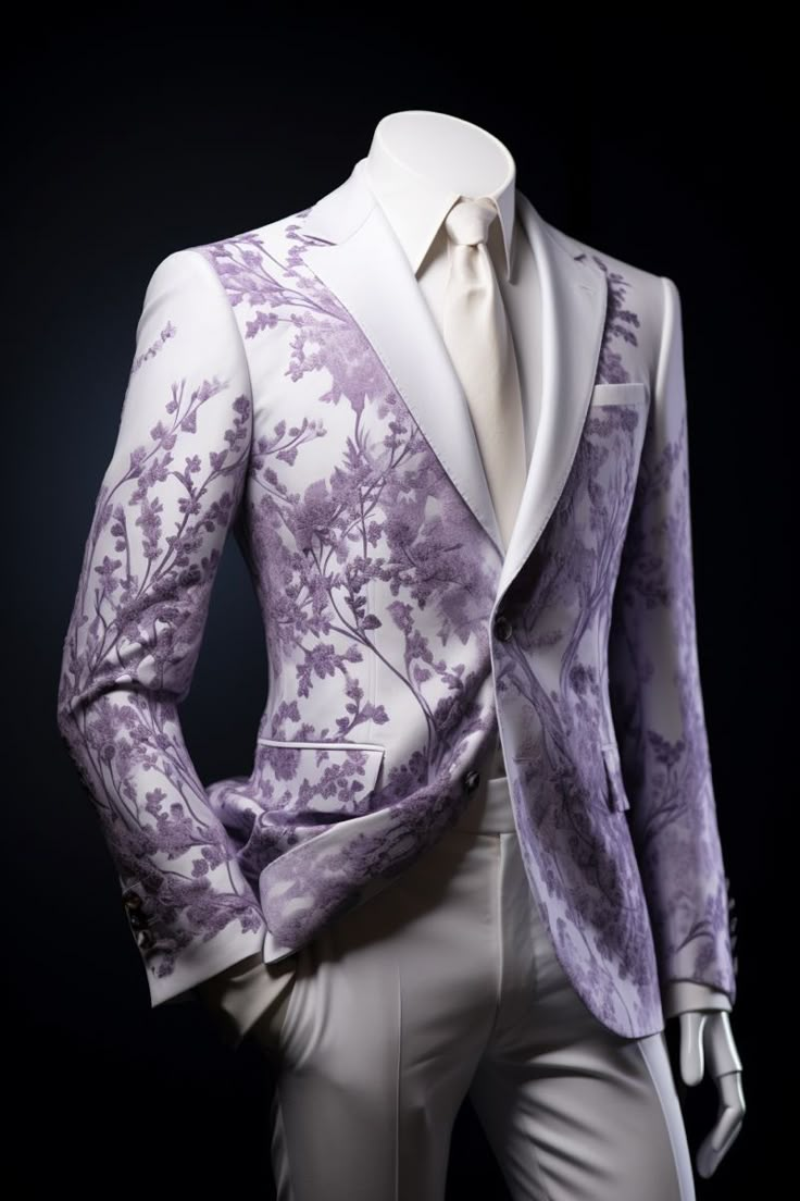 a mannequin dressed in a purple and white suit with flowers on it's lapel