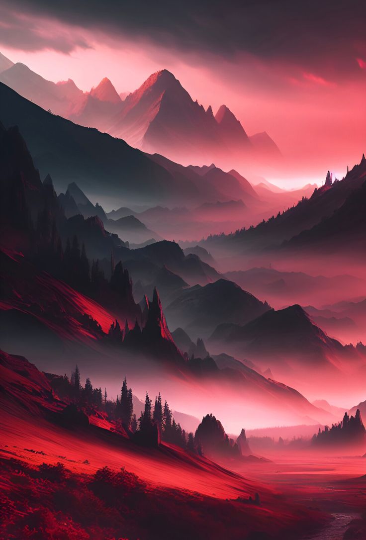 the mountains are covered in red and purple hazes as the sun sets over them