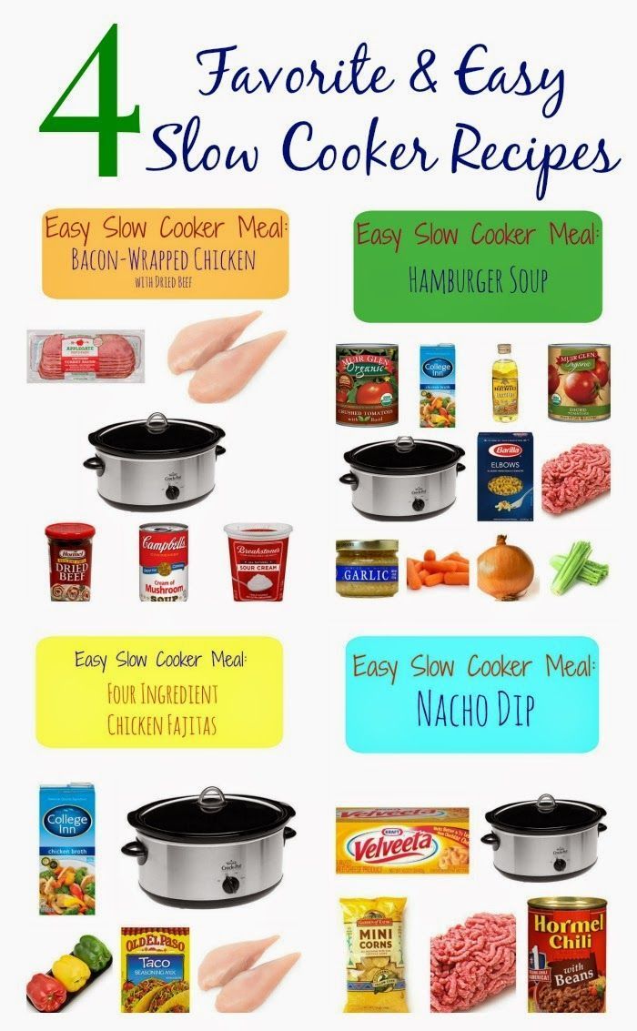 the four favorite and easy slow cooker recipes are shown in this graphic above it is an image of how to cook slow cooker meals