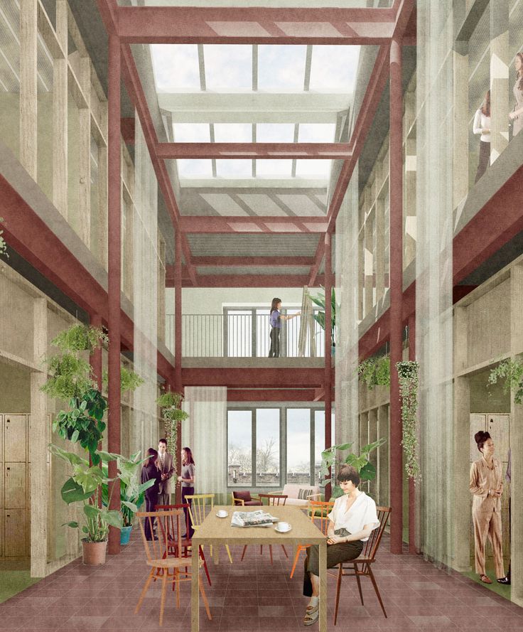 an artist's rendering of the inside of a building with people standing and sitting at tables