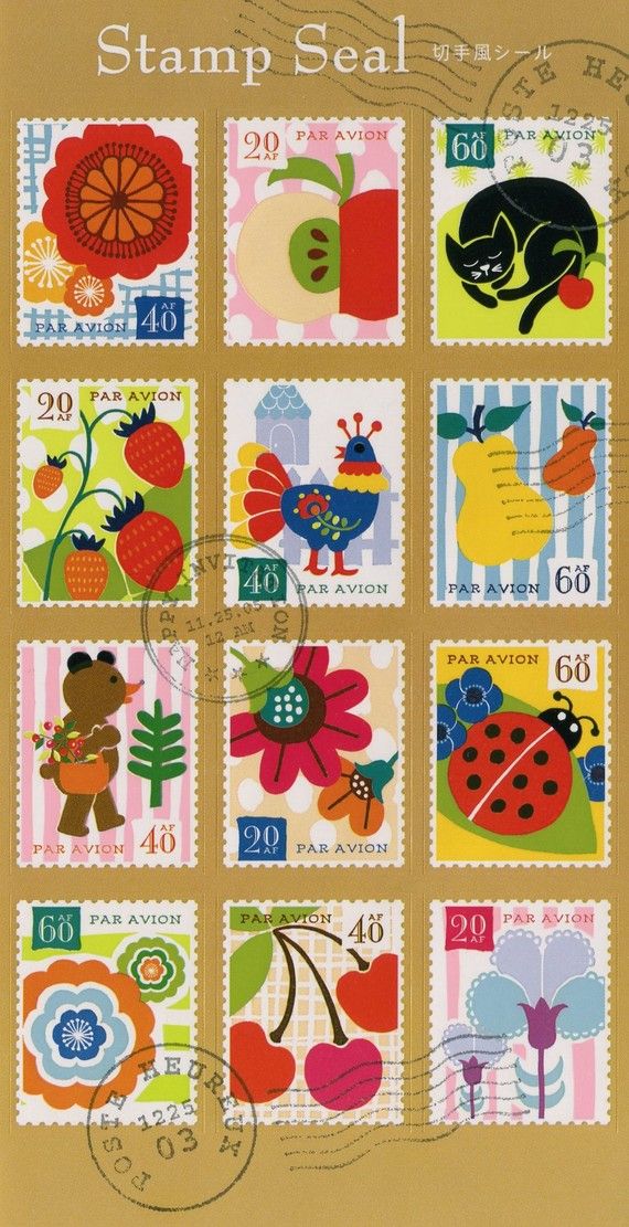 stamps with pictures of animals and flowers on them, all printed in different colors or designs