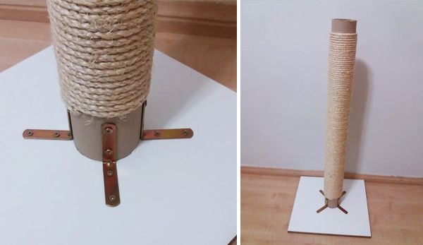 two pictures side by side, one with a cat scratching post and the other with a toy