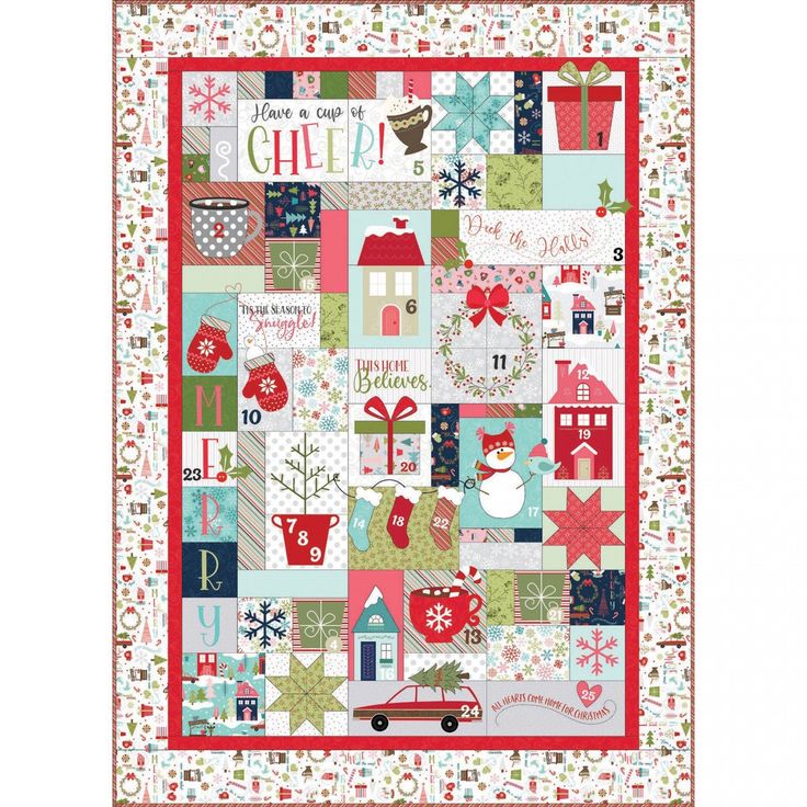 a christmas quilt with many different designs and words on the front, along with other holiday items