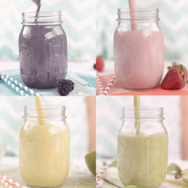 four jars filled with different colored smoothies