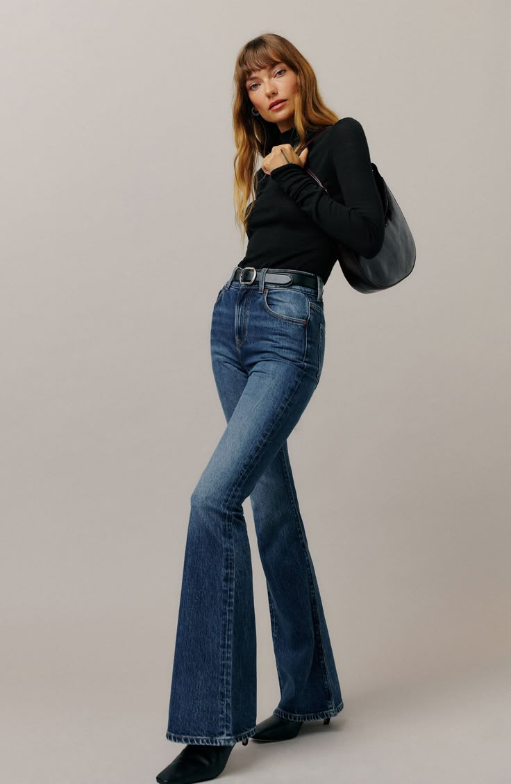 Vintage inspired yet very of the moment, these full-length flare jeans are made from soft stretch-kissed denim and faded for a casual-chic appearance. 33" inseam; 24" leg opening; 13" front rise; 15 1/2" back rise (size 29) Zip fly with button closure Five-pocket style 64% organic cotton, 35% Tencel® lyocell, 1% Lycra® EcoMade elastomultiester Tencel lyocell is a sustainably produced fiber made with closed-loop processing Lycra EcoMade elastomultiester is sustainably made, with 65% of the fiber Flare Outfits, Flare Jean Outfit, High Waist Flare Jeans, Flare Jeans Outfit, High Rise Flare Jeans, High Waisted Flare Jeans, Denim Mini Dress, Jean Outfits, Wide Leg Jeans