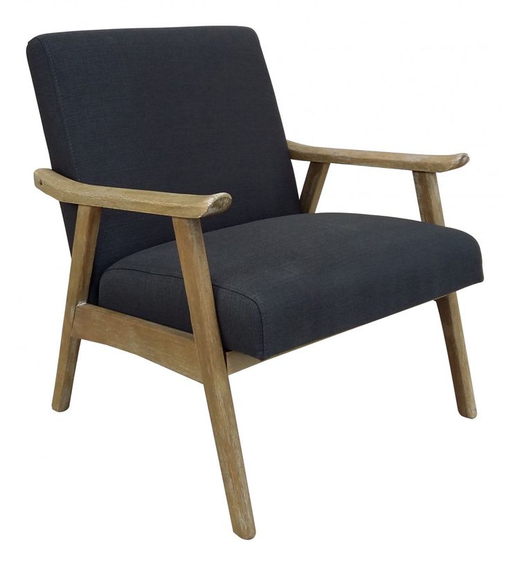 a black chair with wooden arms and legs