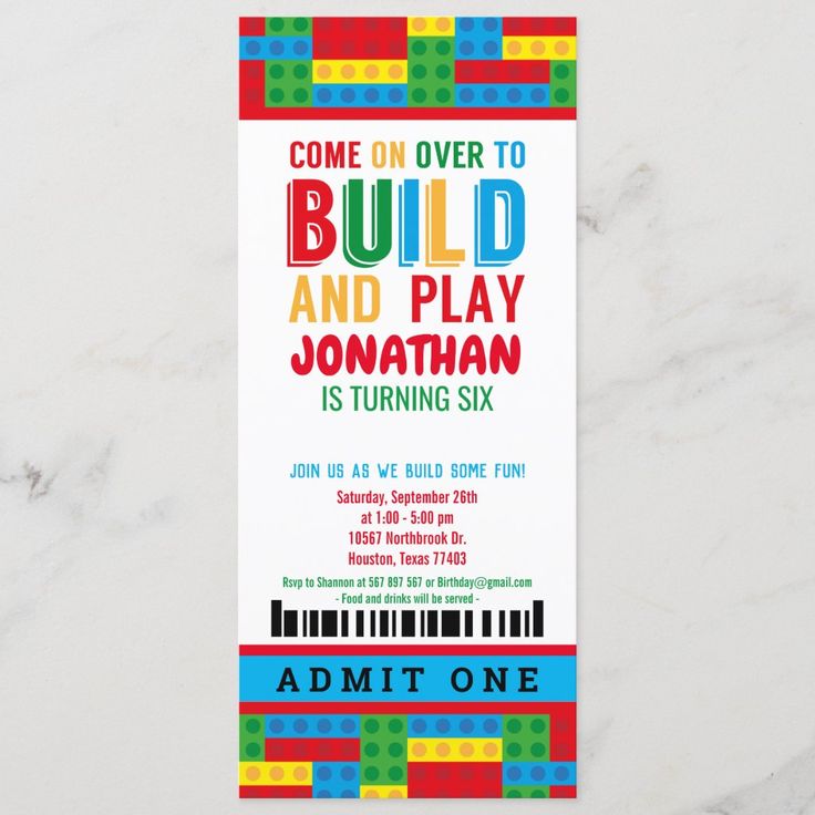 a colorful lego birthday party ticket card with the text, come over to build and play is turning six