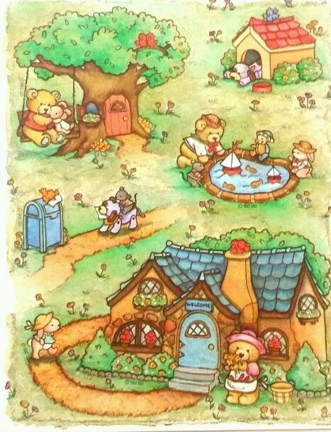 a drawing of some houses and animals in the grass